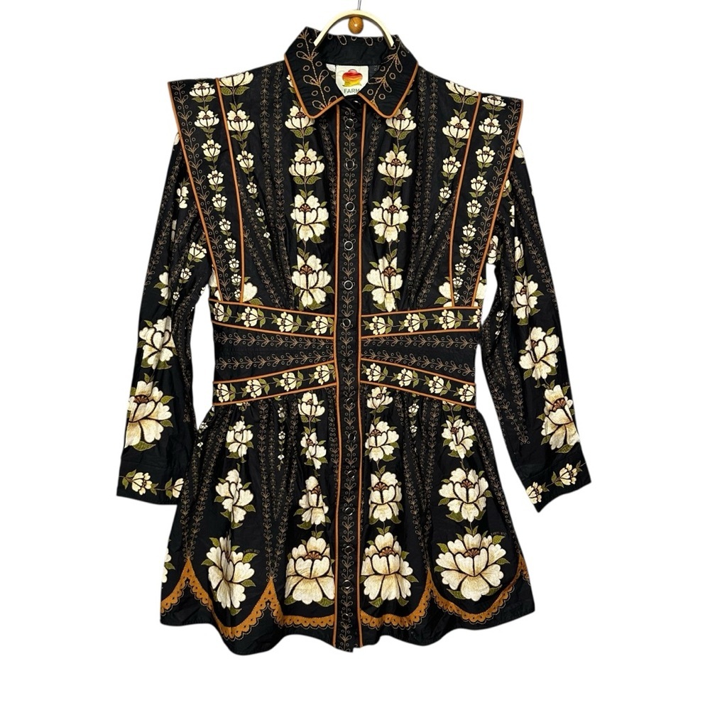 FARM Rio Black Bold Flowers Long Sleeve Organic Cotton Mini Dress. Sz: M - Picture 5 of 13